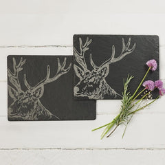 Scottish Etched Slate Table Mats Pack Of Two- Stags Or Highland Cows Handsome Stag