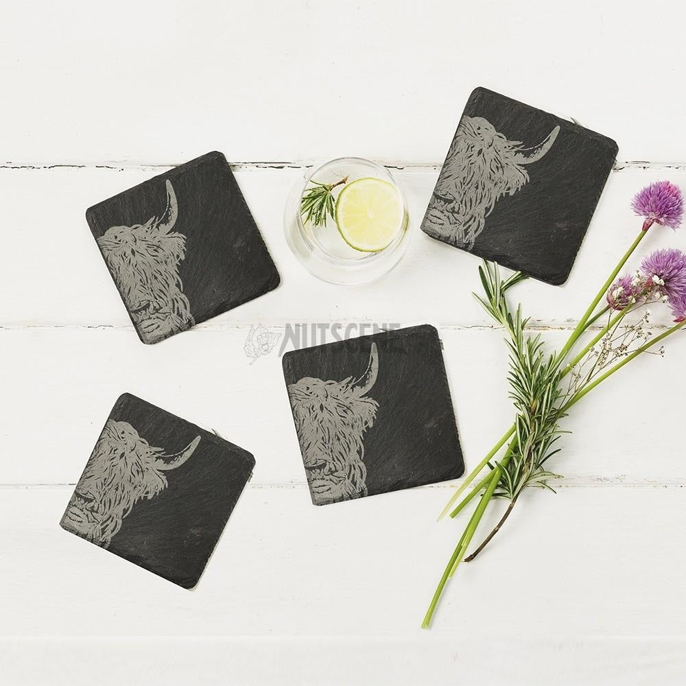 Scottish Slate Etched Coasters- Set Of 3 Beautiful Themes Stag Cow Thistle