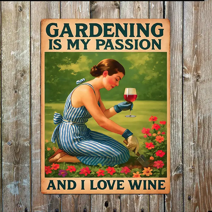 Gardening Is My Passion & I Love Wine Metal Sign