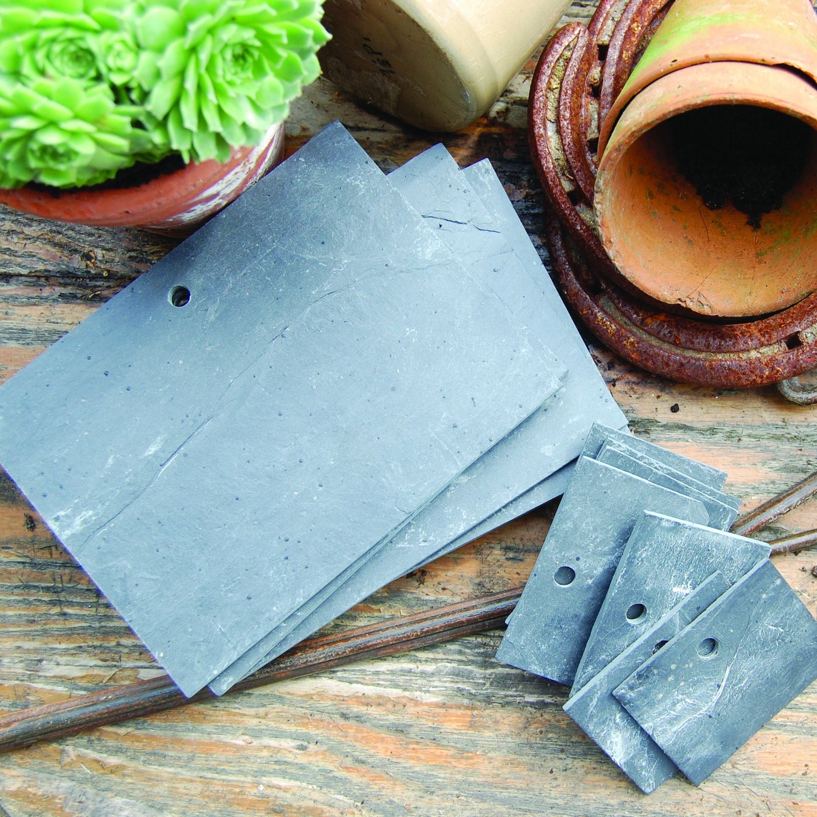 Metal brackets on a wooden surface with a pot and plant in the background