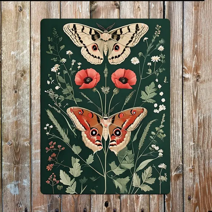 Vintage Moths and Wildflowers Botanical Metal Sign Plaque
