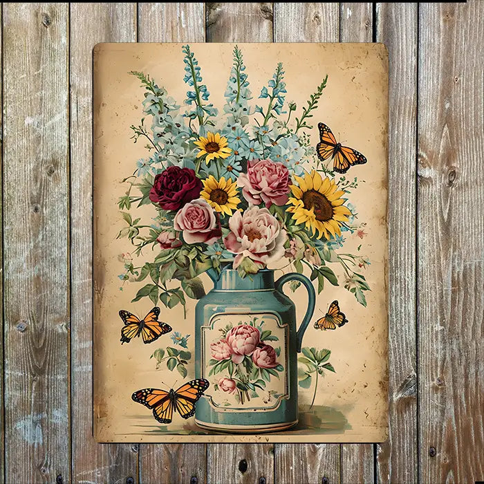 Vintage Blue Jug with Vibrant Flowers Metal Sign
