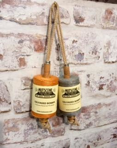 Jute Twine Spools On Hanging Recycled Lancashire Mill Bobbin; Nutscene ® Pairs