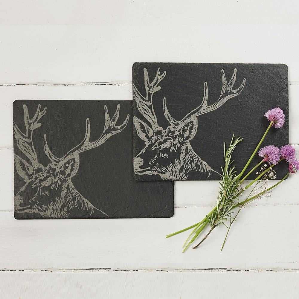 Scottish Etched Slate Table Mats Pack Of Two- Stags Or Highland Cows Handsome Stag