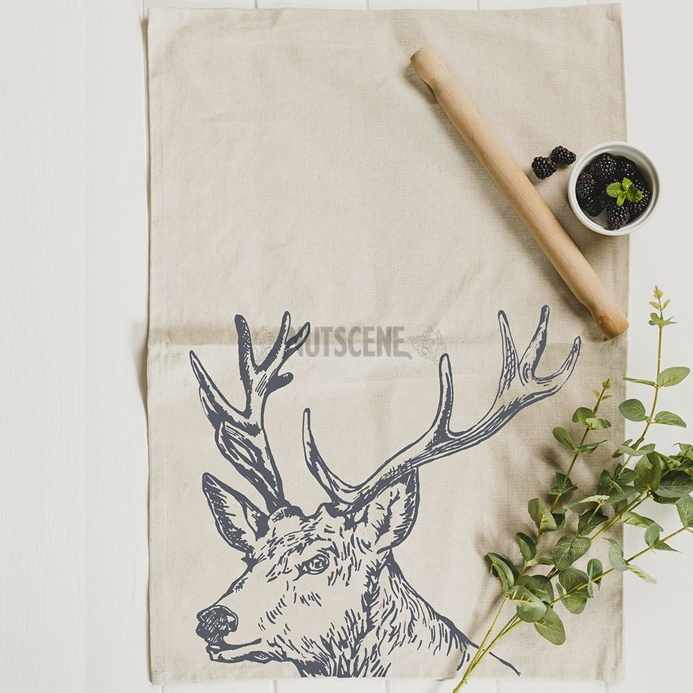 Scottish Linen With Cotton Tea Towels Highland Cow Or Stag Etched Drawings
